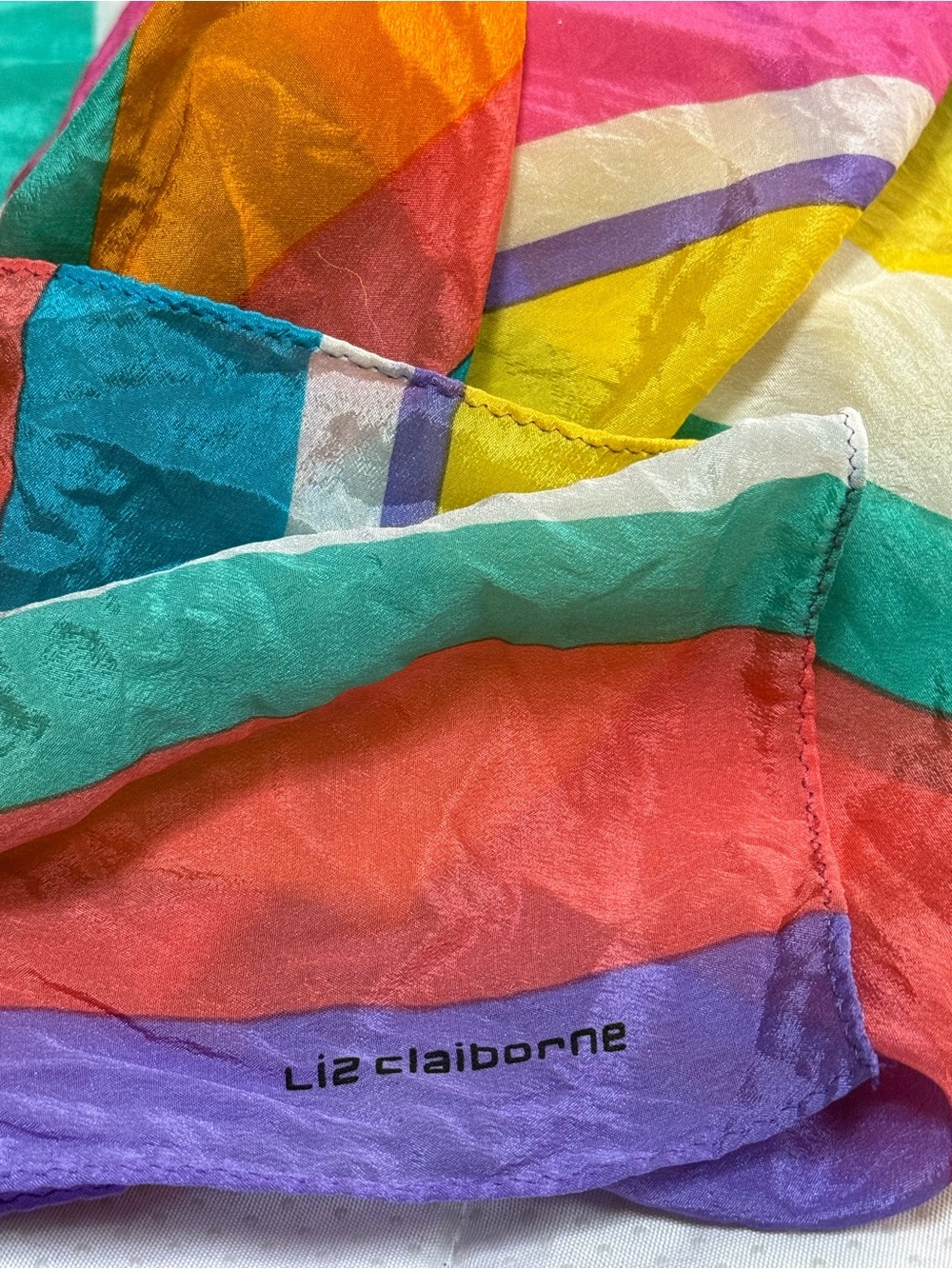 Vintage late 80’s -Liz Claiborne- Bright Rainbow striped Silk Scarf -30” square